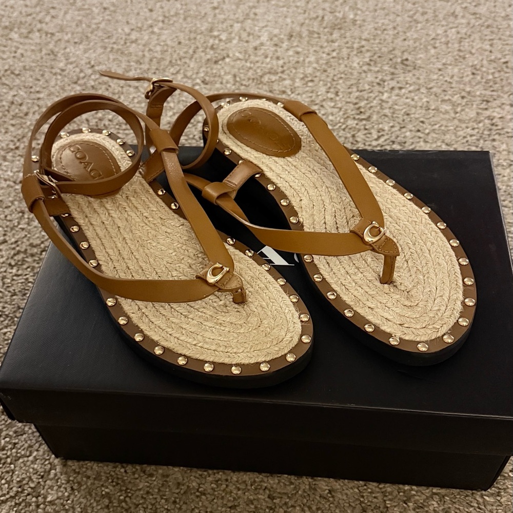 Coach Brown Espadrille Jute Thong Sandals with Gold Studs